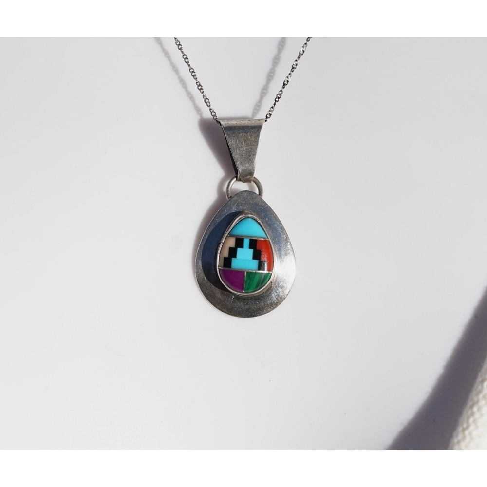 Sensa Eustace - Native American Sterling Silver Inlaid‎ Zuni Teardrop Pendant